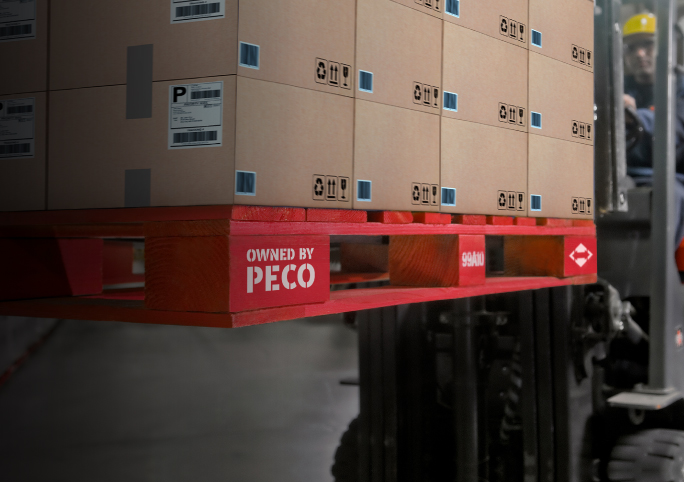 Mobile Banner for Home Page - Stacked of PECO Pallets on a folklift with two PECO workers.